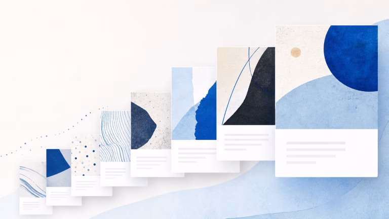Enterprise WordPress Plugin: Scalable Fallback Imagery for Editorial Archives Abstract editorial cards in blue and white, representing scalable fallback imagery for WordPress archive posts.